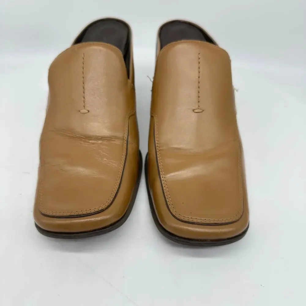Apostrophe Cognac Block Heel Leather Square Toe Mule Womens Size 7 Y2K Vintage